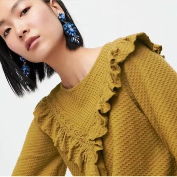 J. Crew Olive Gold Textured Boho Rustic Fall Cottagecore Blouse with Ruffle Trim - Picture 2 of 10